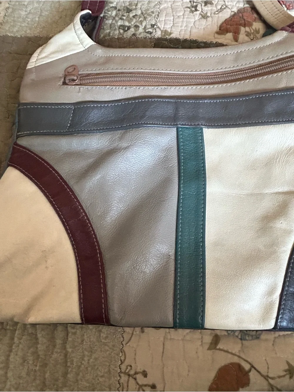 Multi-Color Genuine Leather Mexico Panel Shoulder Bag - Cream, Gray & Burgundy